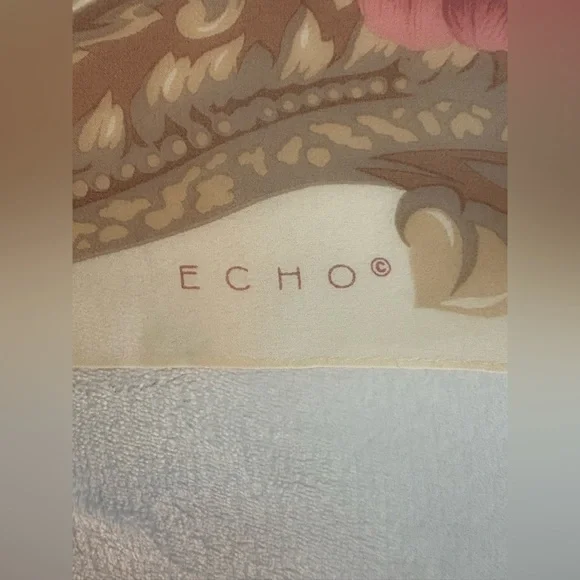 Echo Silk Scarf 36x36 Floral Baroque Print Square Beige Pink Vintage Style - Picture 3 of 6